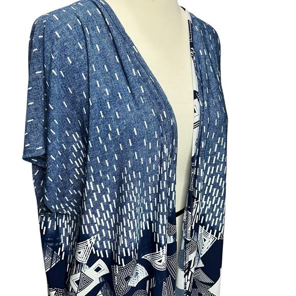 SJS Kimono Cardigan Womens 2XL Blue Geometric Open Front Relaxed Layering Flowy - Picture 2 of 12